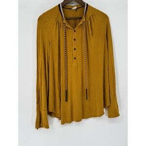 Akemi + Kin by Anthropologie Blouse Mustard Yellow Tunic Tassels M Boho‎ Artsy
